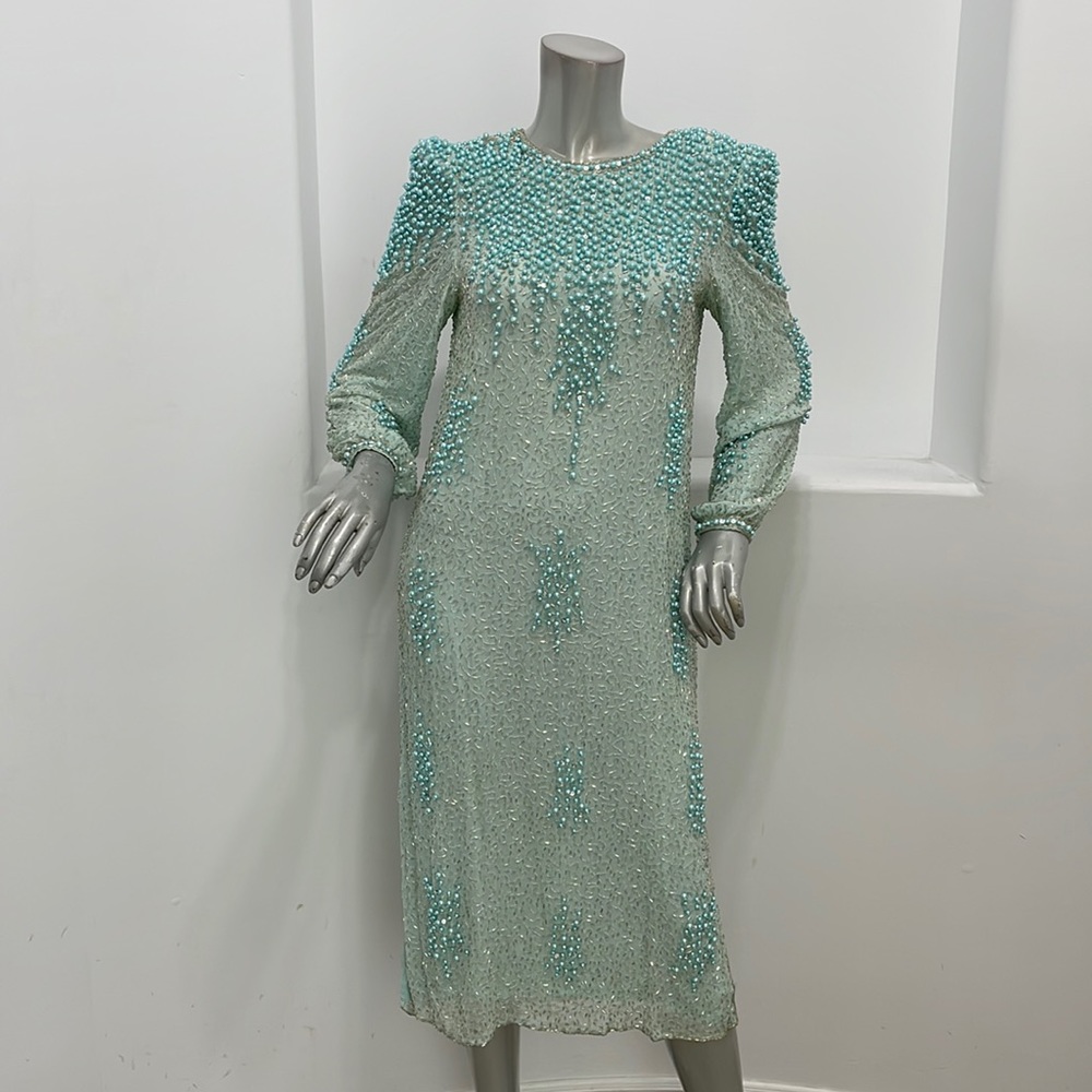 Judith Ann Creations  Vintage 80’s Silk Beaded Midi Dress Blue Size XS